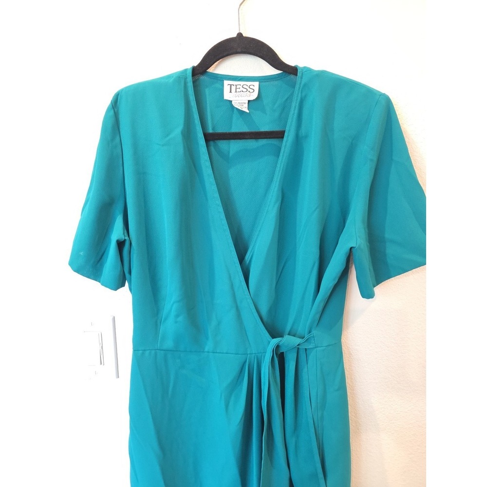VTG 90's Wrap Dress Shoulder Pads Sz 12 Side Tie "Tess Dress" Green Knee Length - Picture 4 of 6